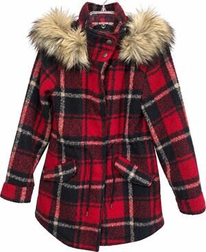American Eagle Coat Faux Fur Hood Women's XS Red Plaid Wool Blend Parka Preppy